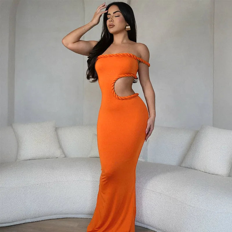 Off-shoulder orange maxi dress with waist cut-out styled for special events