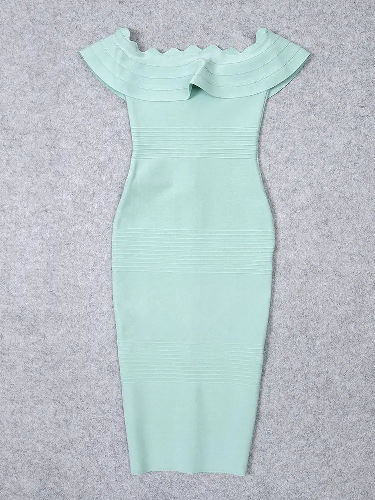 Blue Ruffle Off-Shoulder Bandage Midi Dress | Sculpted Guest Look