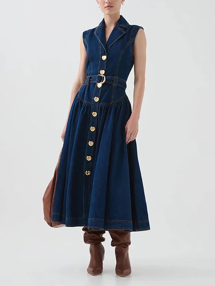 Sleeveless Navy Belted Midi Dress | Chic Gold Button Detail