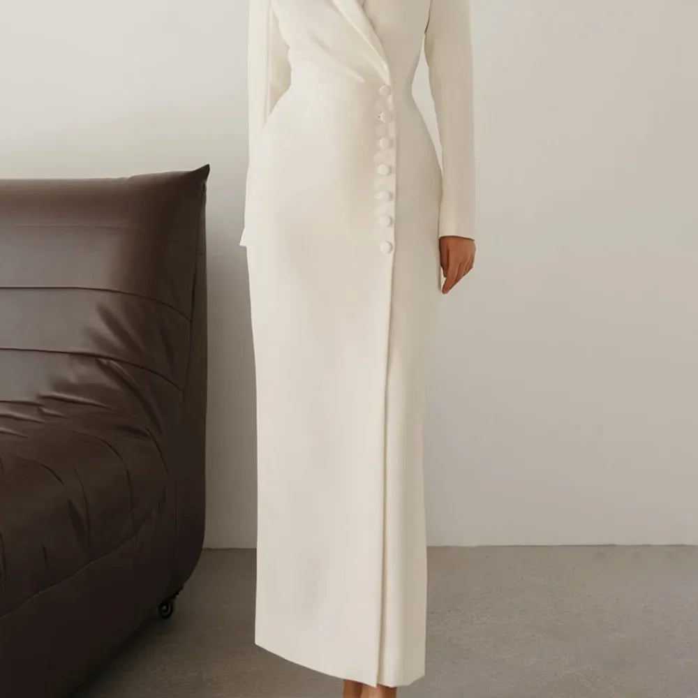 White Notched Collar Maxi Coat Dress | Minimal Tailored Elegance