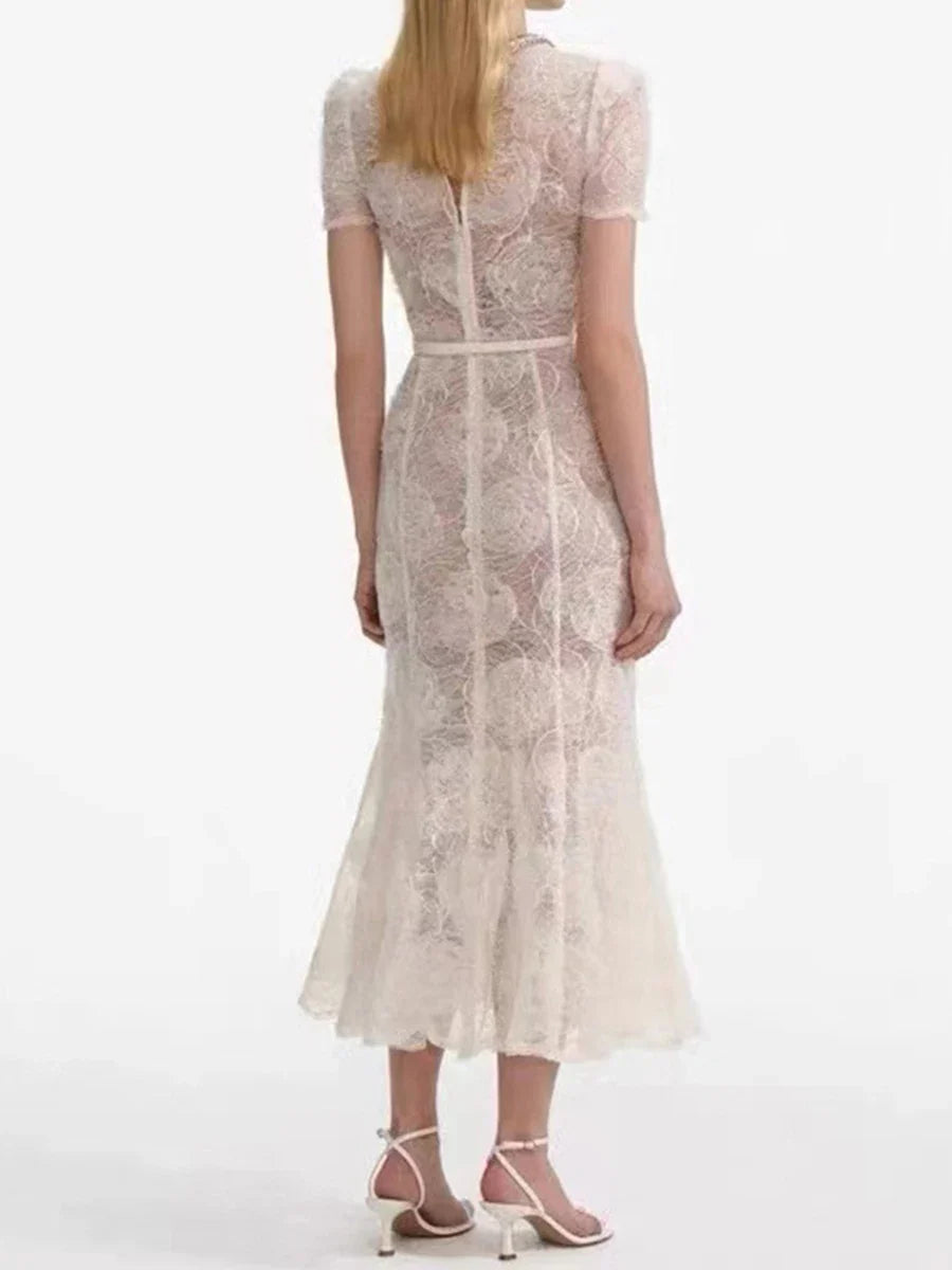 Lace Mini Dress | Round Neck Belted A-Line Dress