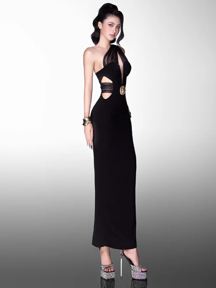 Black Asymmetric Cut-Out Gown | Sleek One-Shoulder Statement