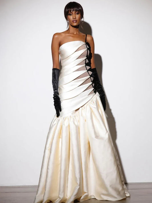 White Hollow Out Patchwork Maxi Dress & Gloves | One Shoulder Evening Gown