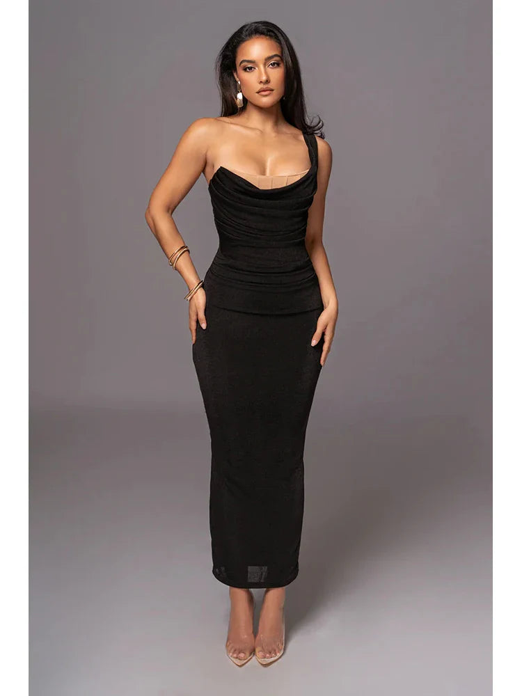 One shoulder mesh bandage dress in black and nude styled for evening parties