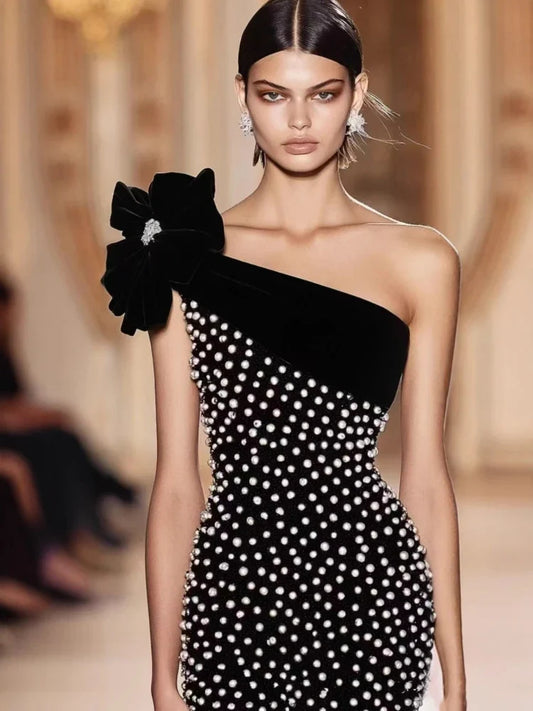 One-Shoulder Black Polka Dot Midi Dress | Modern Party Bow