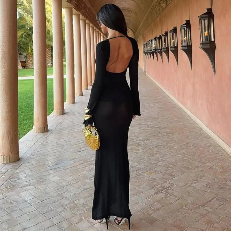 Backless Black Knit Maxi Dress | Gold Detail Event Look