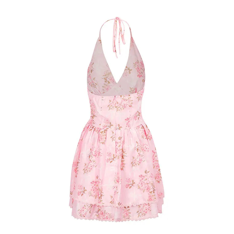 Pink Floral Backless Mini Dress | Flirty Halter Summer Style