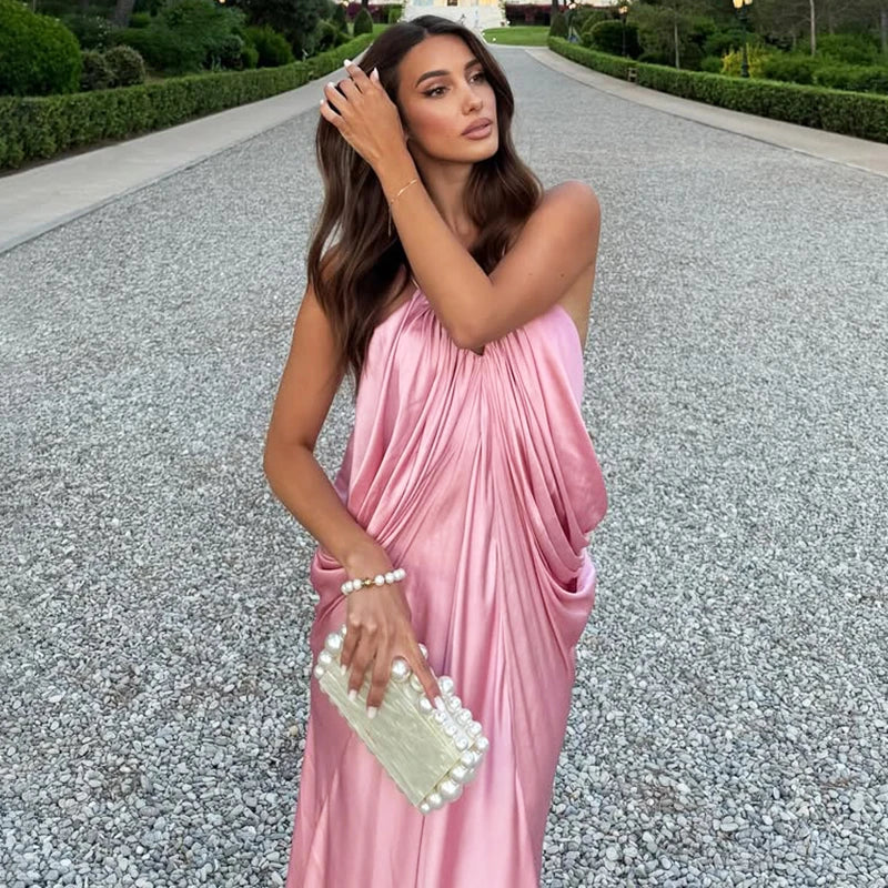 Draped Pink Sling Maxi Dress | Resort Glamour Loose Fit