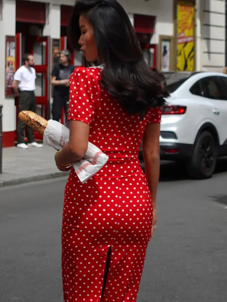 Red Polka Dot V-Neck Midi Dress | Retro Street Style