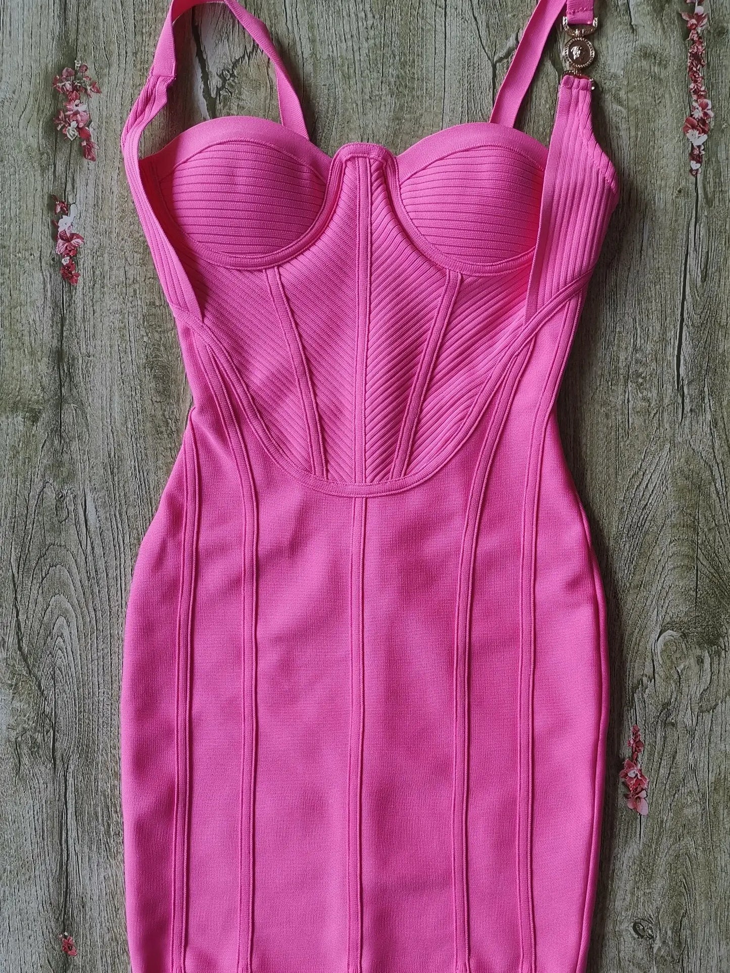 Rose Pink Bandage Mini Dress | Sculpting Gold Strap Glam