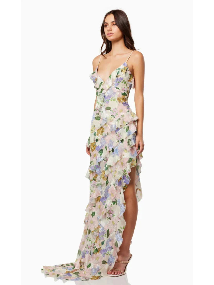 Floral Ruffle Maxi Dress | Romantic Strappy Evening Gown