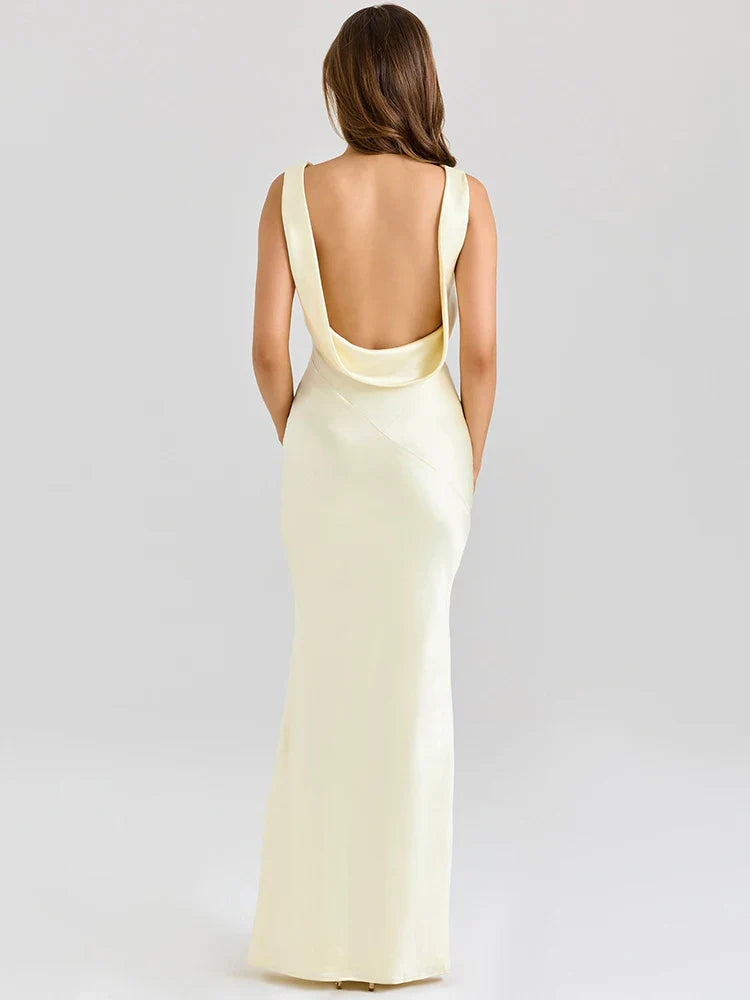 Light Yellow Cowl Neck Gown | Pleated Sleeveless Evening Dress