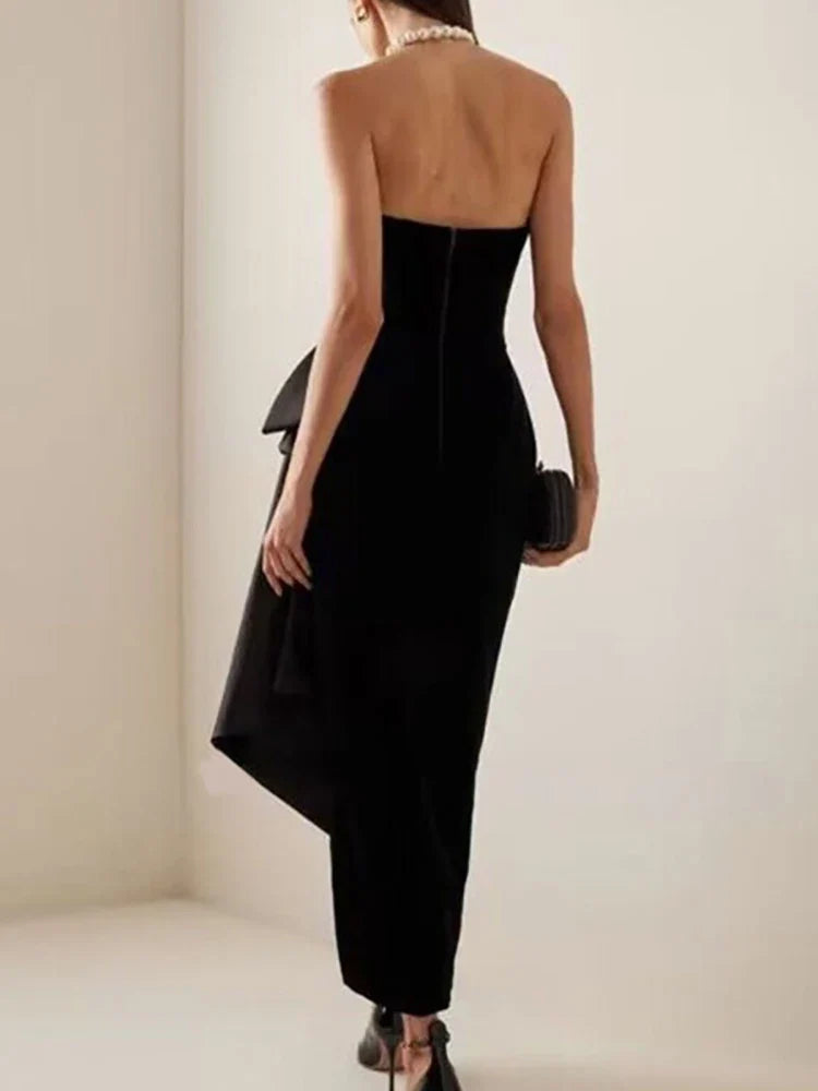 Black Velvet Strapless Bow Dress | Split Mid-Calf Evening Gown