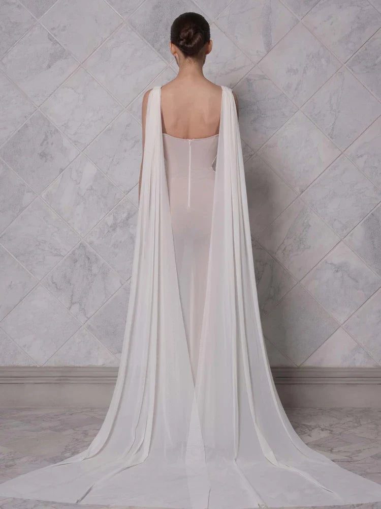 White Draped Bustier V Neck Maxi Dress | Sleeveless Floor-Length Gown