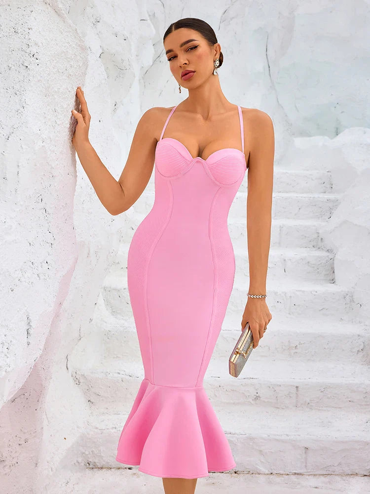 Pink Bandage Ruffle Midi Dress | Sweetheart Spaghetti Strap