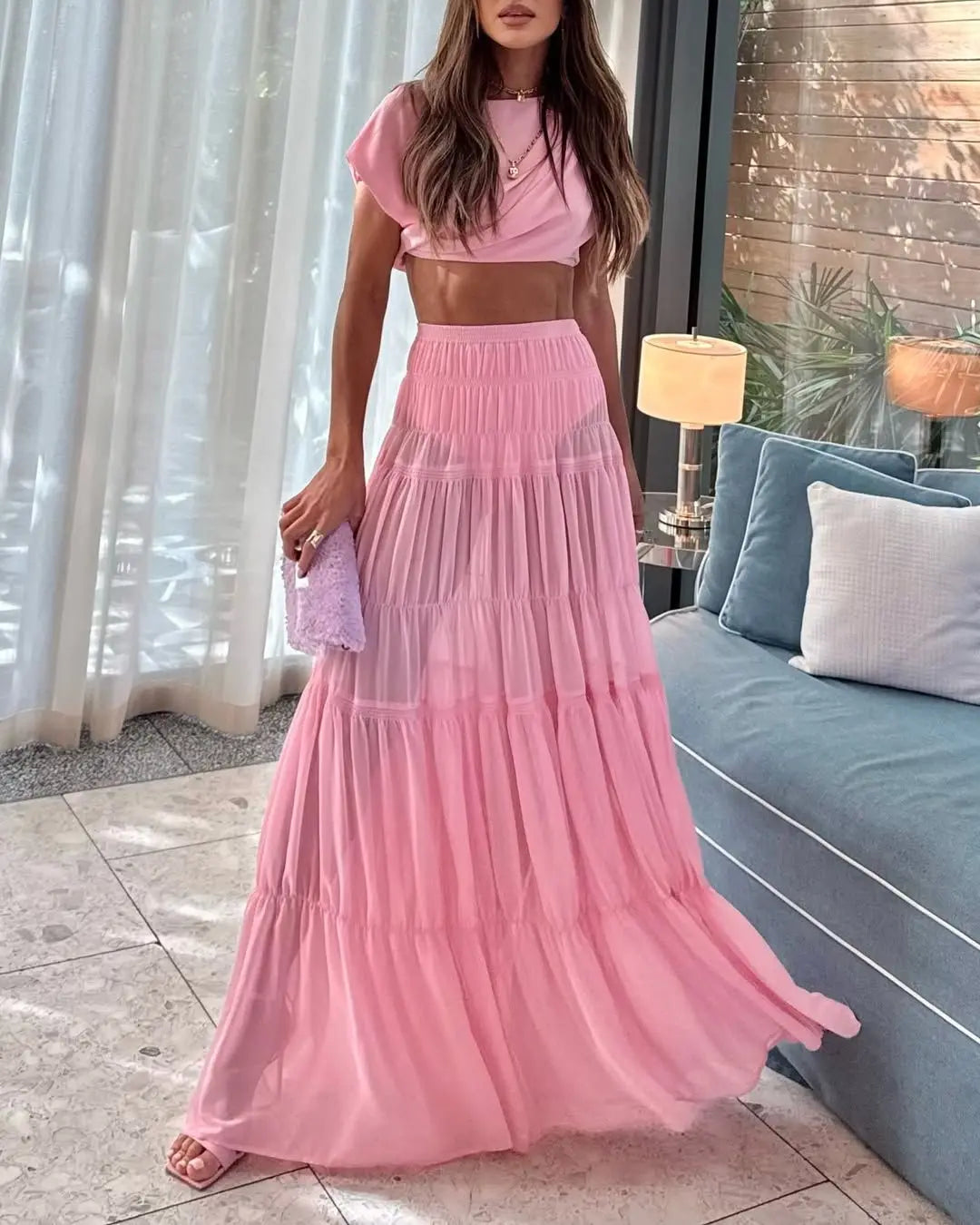 Pink Floral Crop Top & Maxi Skirt Set | Breezy Spring Edit