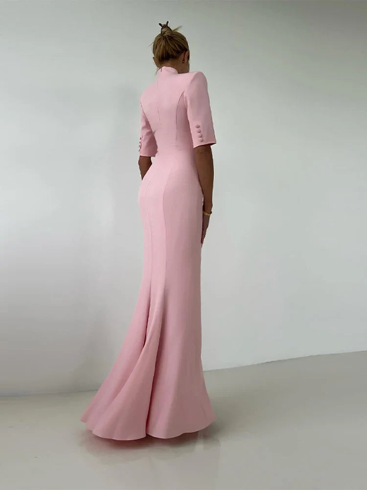 Chic  V-Neck Fishtail Dress – Shoulder Pad Slit Evening Gown