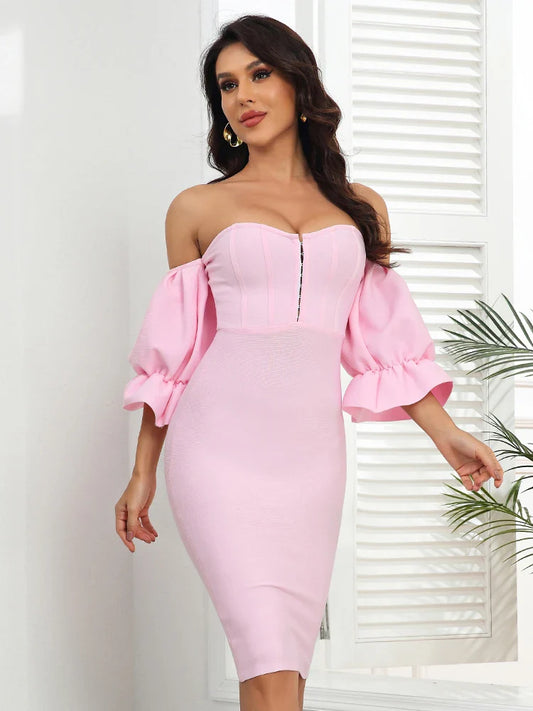 Pink Lantern Sleeve Bandage Midi Dress | Sweetheart Sculpted Fit