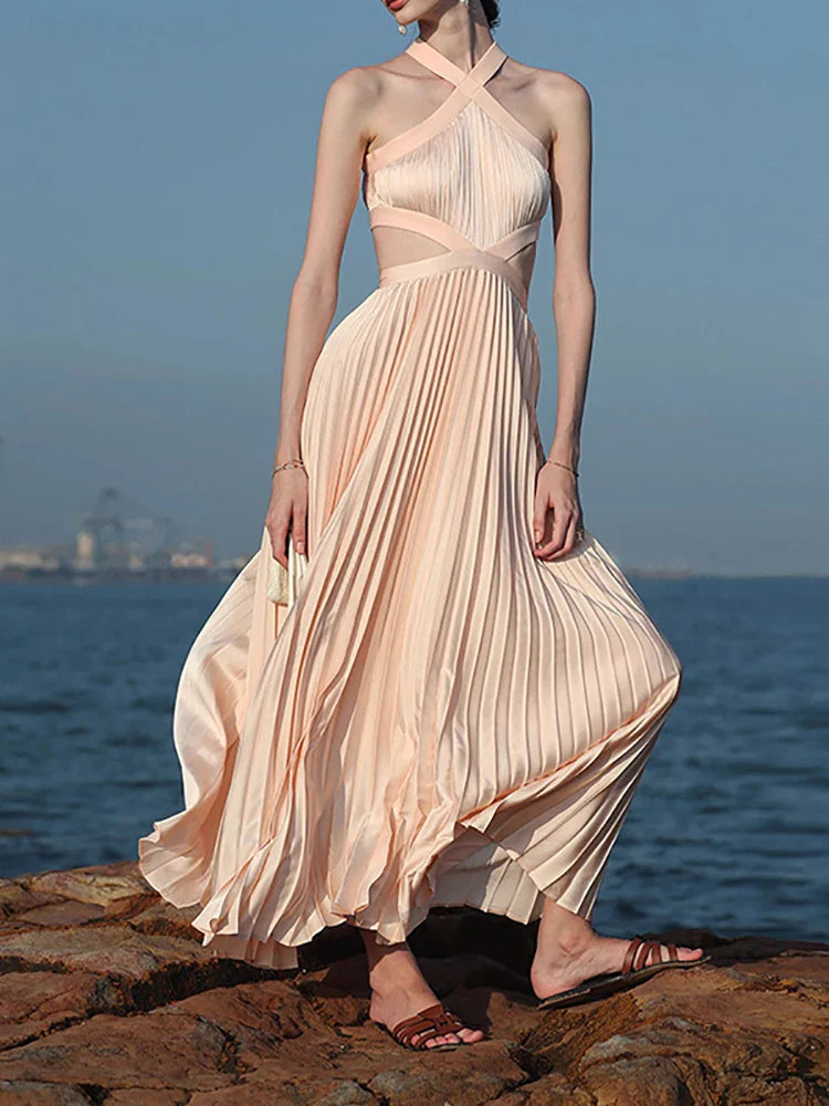 Pleated Halter Cutout Gown | Coastal Summer Eleganc