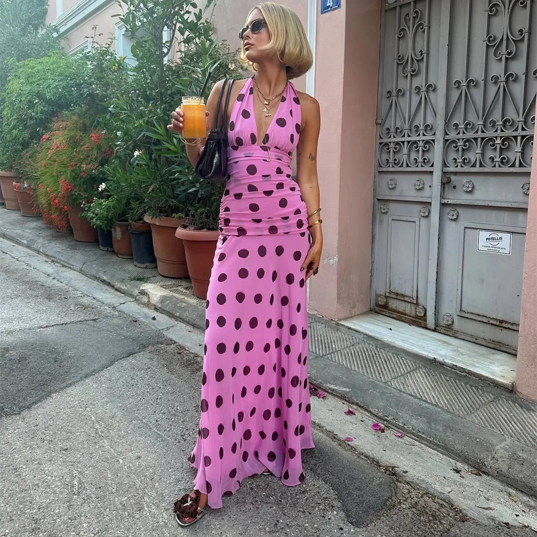 Pink Polka Dot Chiffon Halter Maxi Dress – Elegant Beach Style
