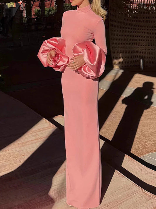 Pink Statement Sleeve Gown | Elegant High Neck Maxi Dress