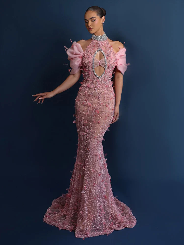 Pink Sequin Mermaid Gown | Halter Neck Cut-Out Floor-Length