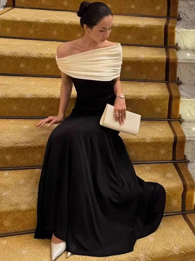 Black Contrast Pleated Evening Dress | Elegant Slim Fit Gown