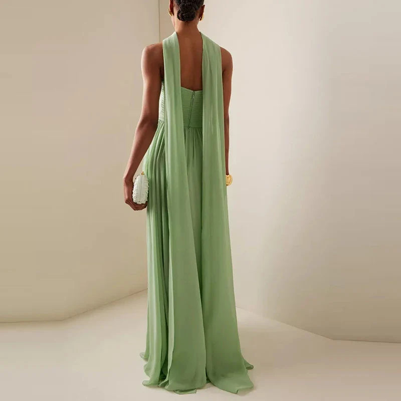 Emerald Pleated Off-Shoulder Dress | Elegant Evening Silhouette