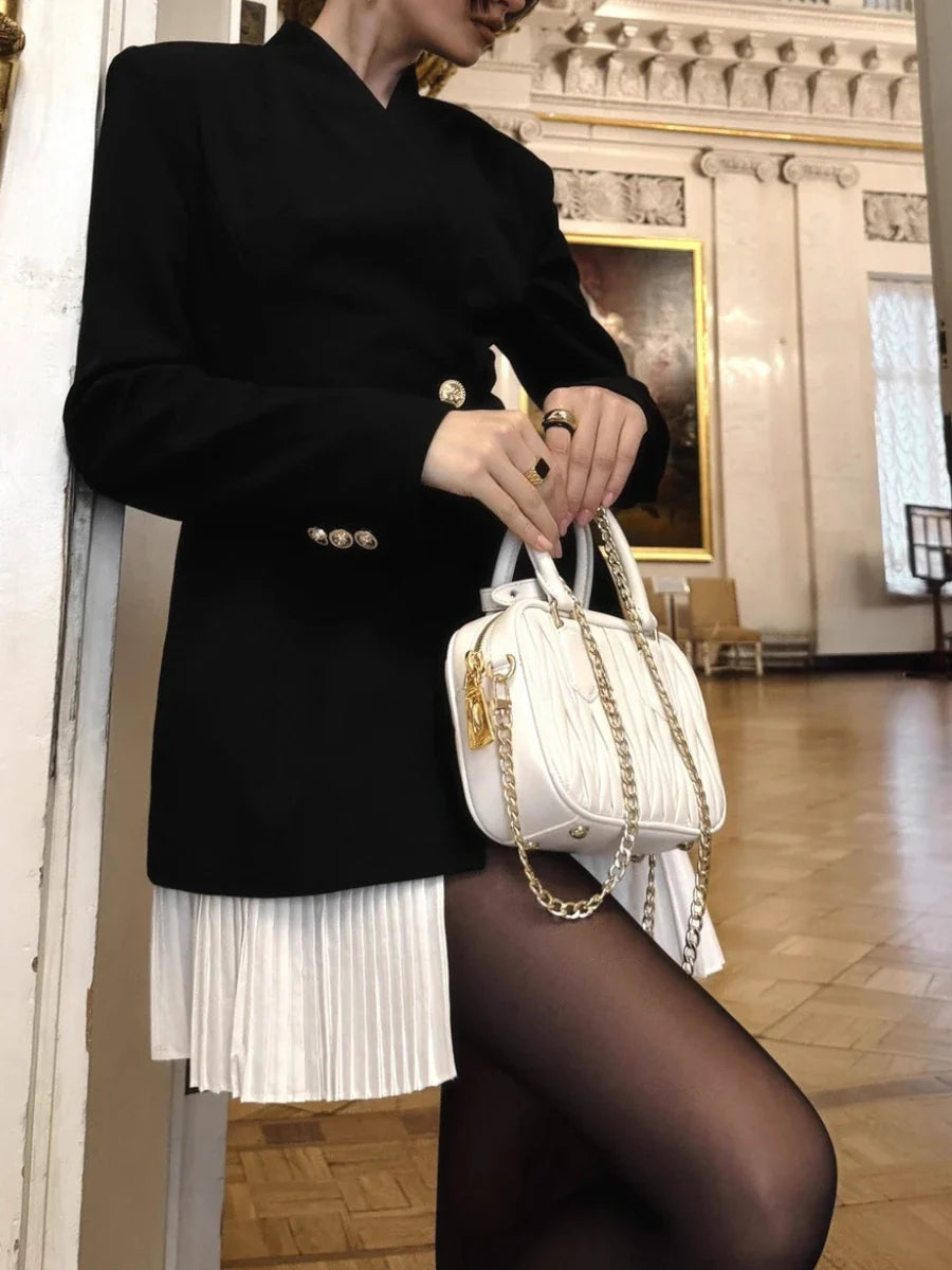 Black Blazer Mini Dress | Pleated Skirt Patchwork & Gold Detail