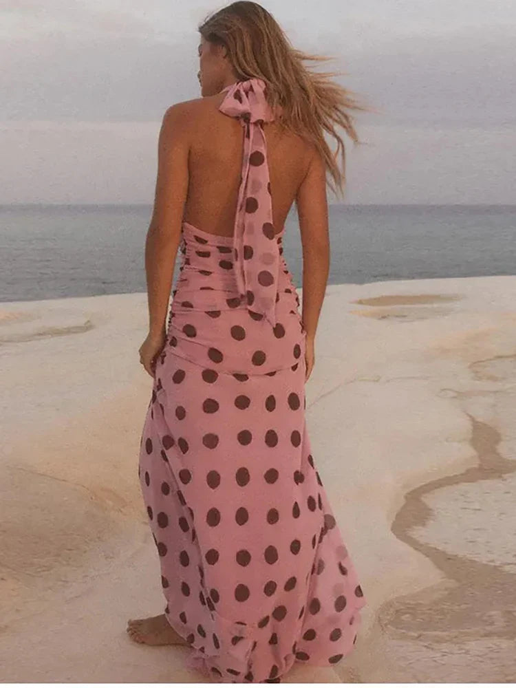 Pink Polka Dot Halter Dress | Backless Summer Maxi