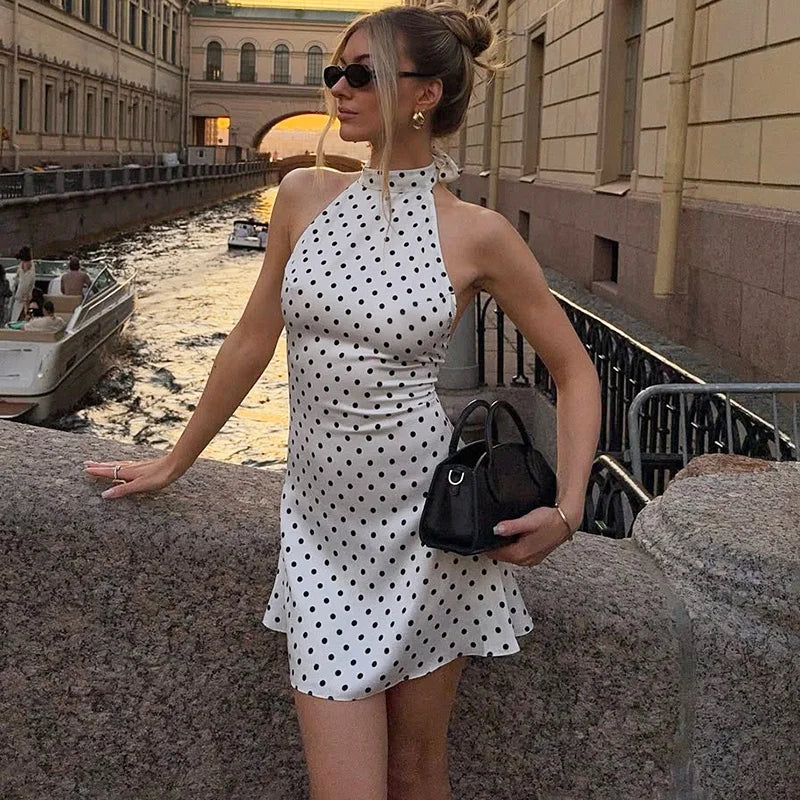 Polka Dot Halter Mini Dress | Elegant Backless Summer Style