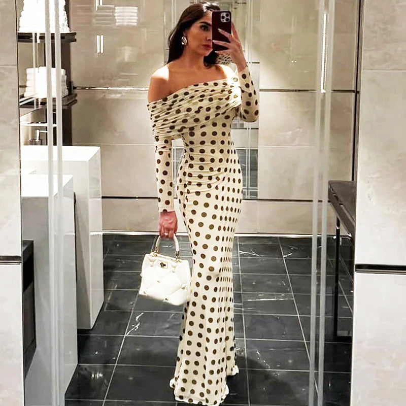 Polka Dot Slash Neck Maxi Dress | Off-Shoulder Autumn Edit