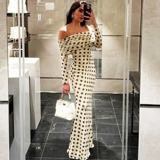 Polka Dot Slash Neck Maxi Dress | Off-Shoulder Autumn Edit