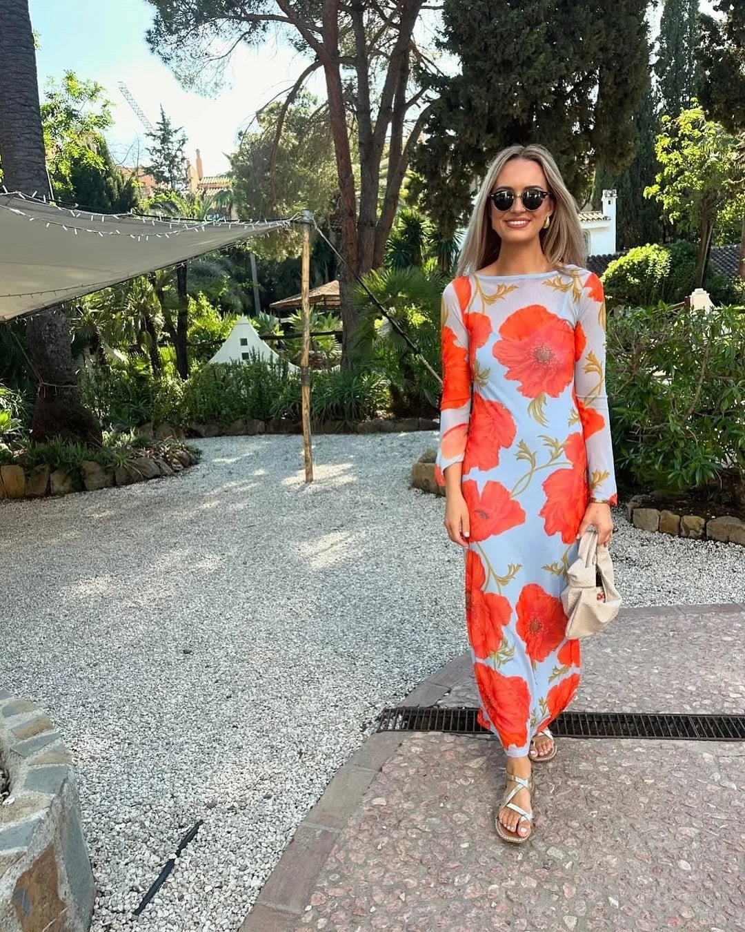 Poppy Floral Long-Sleeve Maxi Dress, Blue, Red