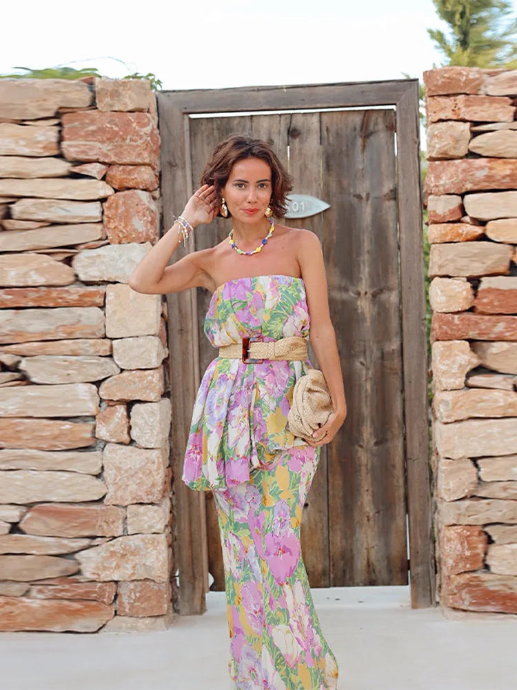 Strapless Floral Maxi Dress, Blouson Chiffon