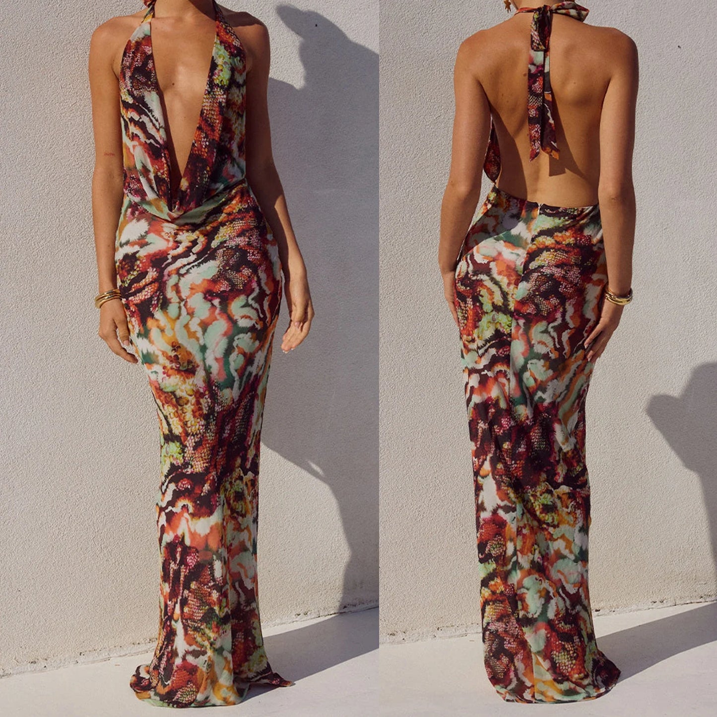 Printed Halter V-Neck Maxi Dress