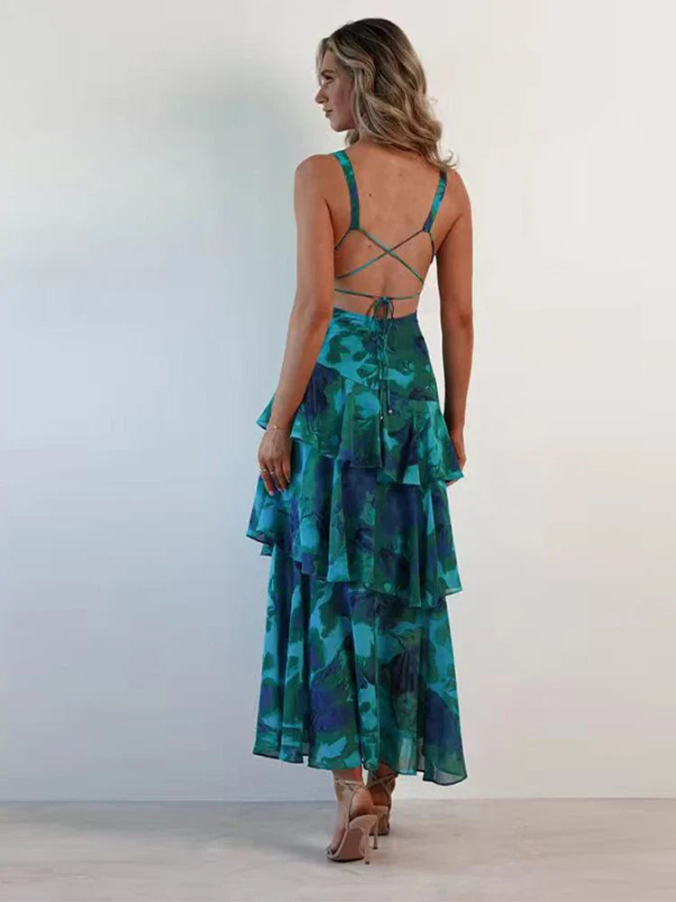 Printed V-Neck Ruffle Maxi Dress