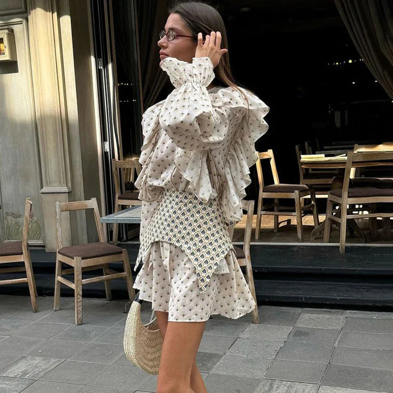 Ruffle Waist Mini Dress | Soft Bloom Print with Flared Sleeves