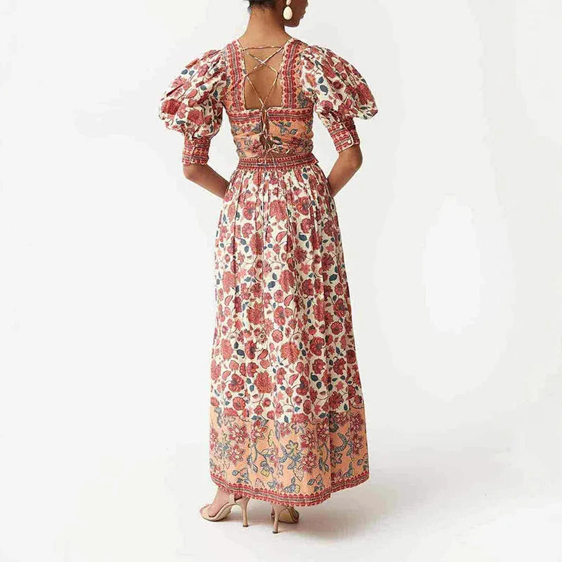 Boho Floral Square Neck Midi | Puff Sleeve Cotton Dress