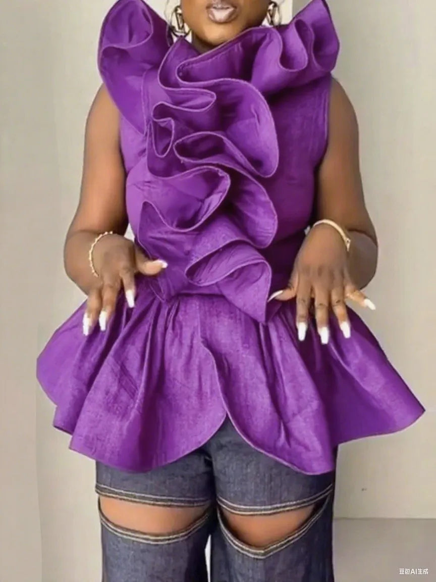 Purple 3D Ruffle Peplum Party Top – Sleeveless Elegant Blouse