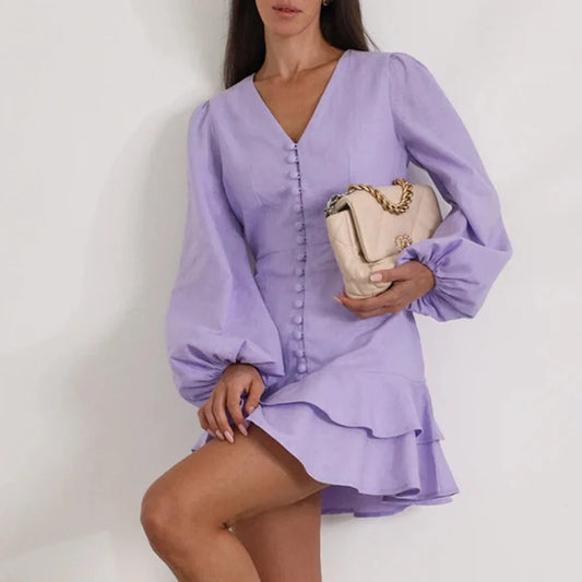 Purple A-Line Mini Dress | V-Neck Long Sleeve Women's Office Wear