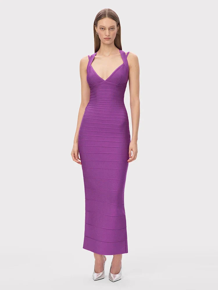 Purple Bandage Sheath Gown | V-Neck Spaghetti Strap Fit