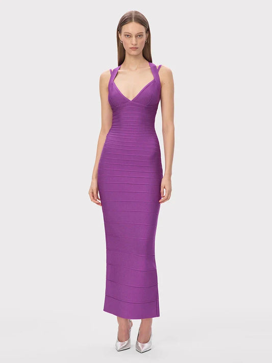 Purple Bandage Sheath Gown | V-Neck Spaghetti Strap Fit