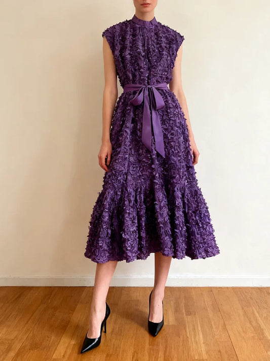Purple Textured Belted Midi Dress | Sleeveless 3D Floral Look