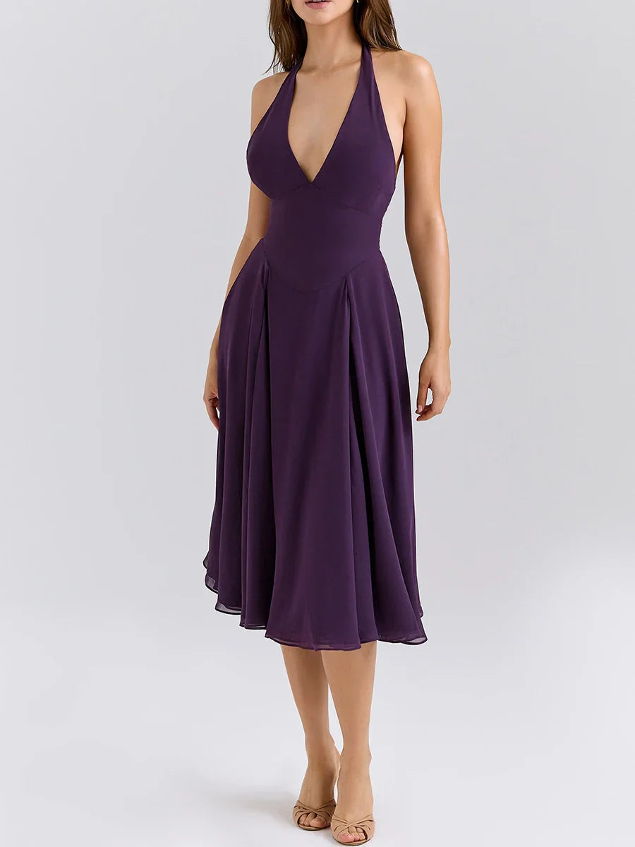 Purple Halter Neck Midi Dress | A-Line Backless Summer Classic