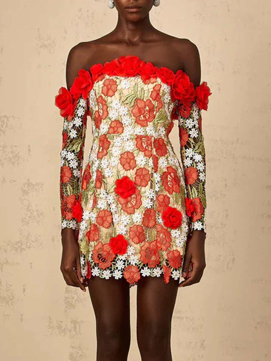 Red 3D Floral Appliqué Off-Shoulder Mini Dress | Summer Standout