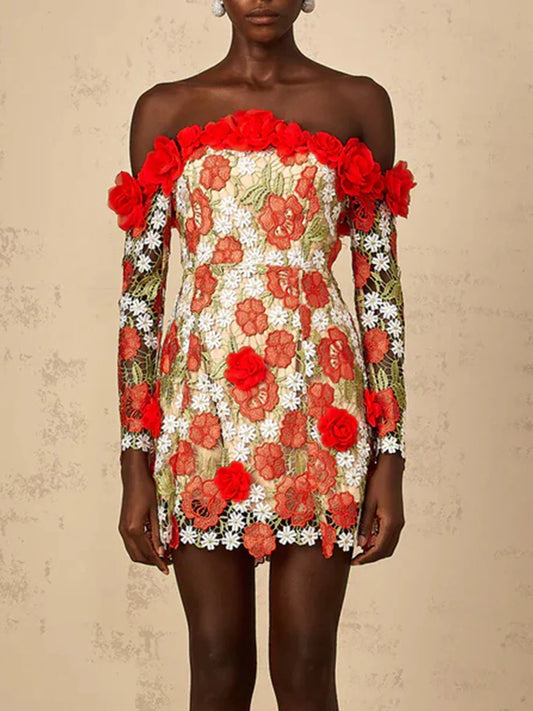 Red 3D Floral Appliqué Off-Shoulder Mini Dress | Summer Standout