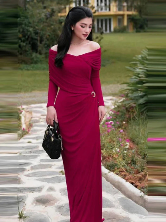 Red Asymmetrical Off Shoulder Folded Pin Gown | Slim Long Sleeve Evening Dress