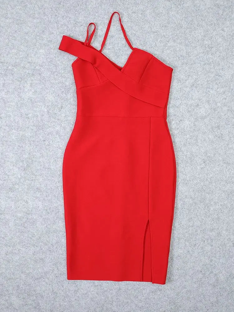 Red Halter Bodycon Bandage Dress | Slit Midi Figure Sculpt