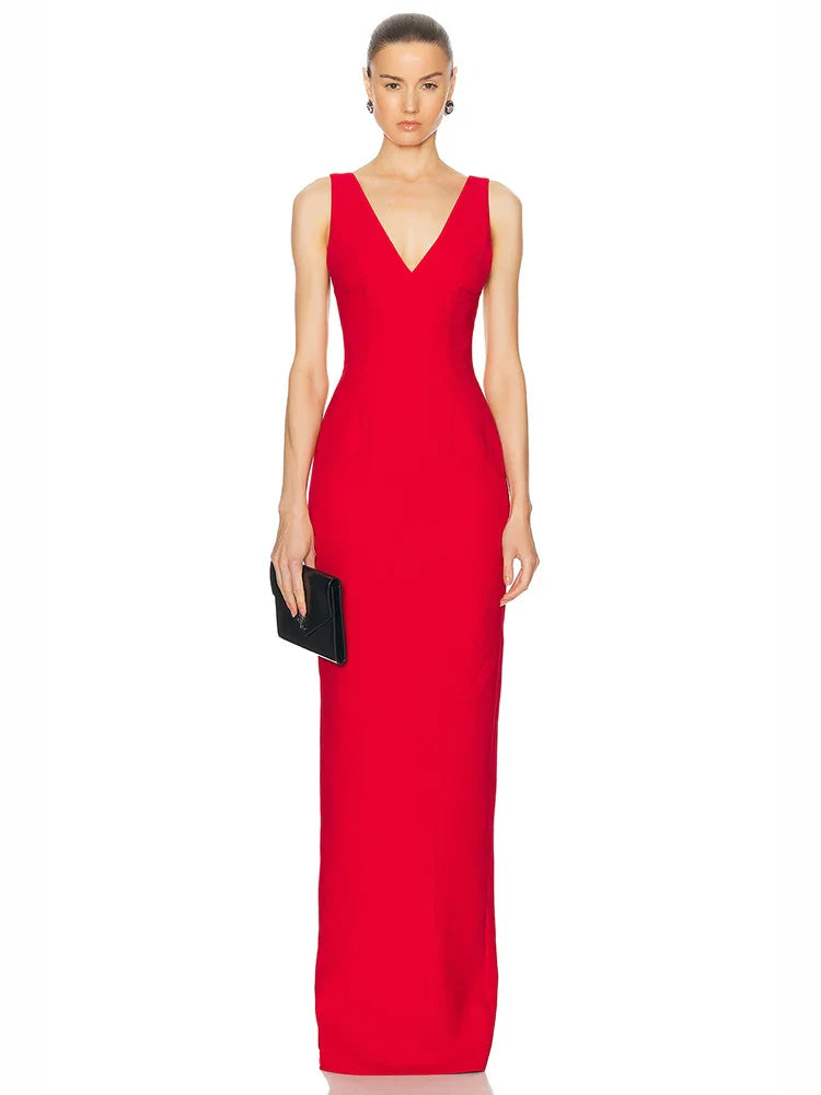 Red Deep V Neck Backless Bandage Dress | Ankle-Length Gown
